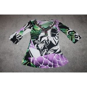 Women's BOHO Blouse Shirt Abstract Jeweled With Flared Sleeves SZ S Patchington